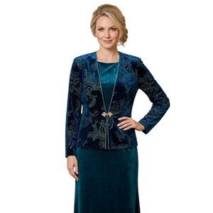 R&M Richards Green Velvet Glitter Detail Gold Clasp Evening Jacket Size 16*